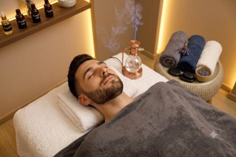 An aromatherapy diffuser releasing vapor beside a guest resting under a grey blanket, with oil bottles on a shelf