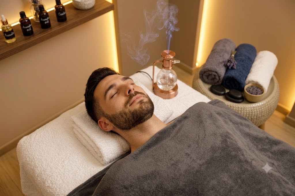 Aromatherapy Lounge: a guest resting under a grey blanket beside a diffuser releasing vapor, with oil bottles on a shelf