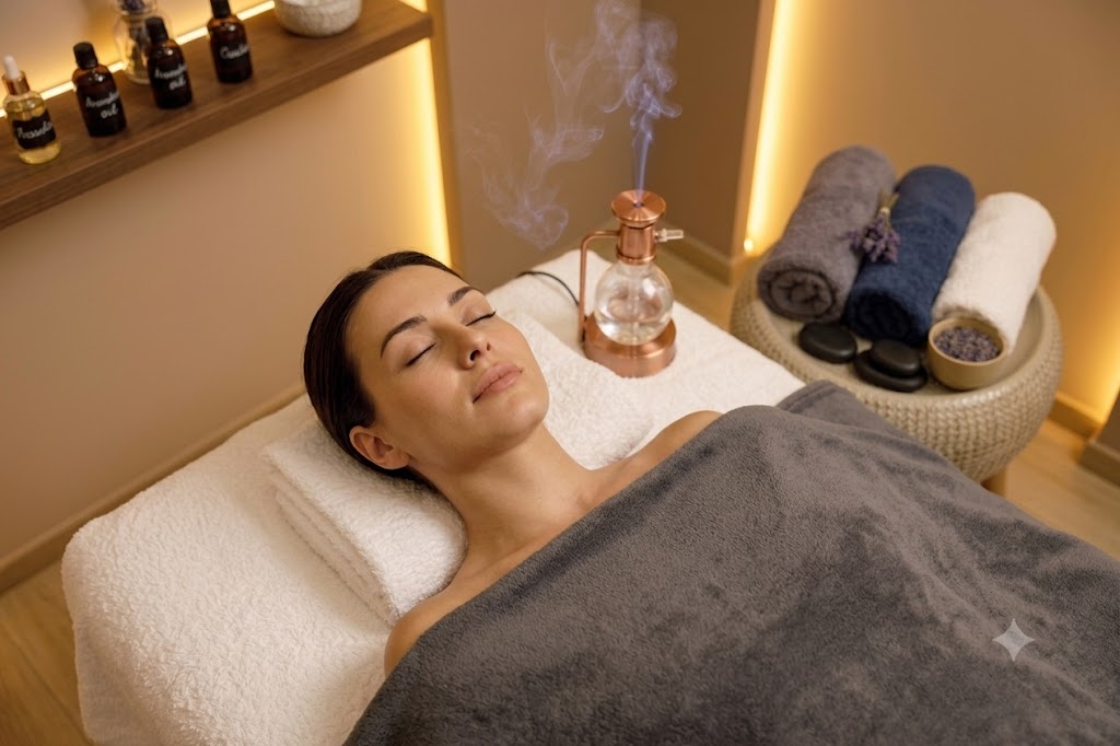 Master Chamber: a treatment room with warm lighting and spa products Master Chamber: a treatment room with warm lighting and spa products
