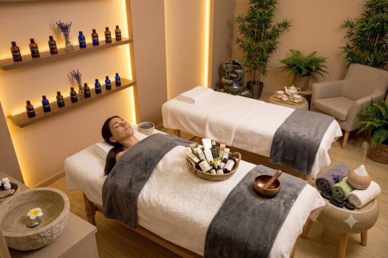 A warmly lit treatment suite with glowing wall lights, oil shelves, plants and two massage beds
