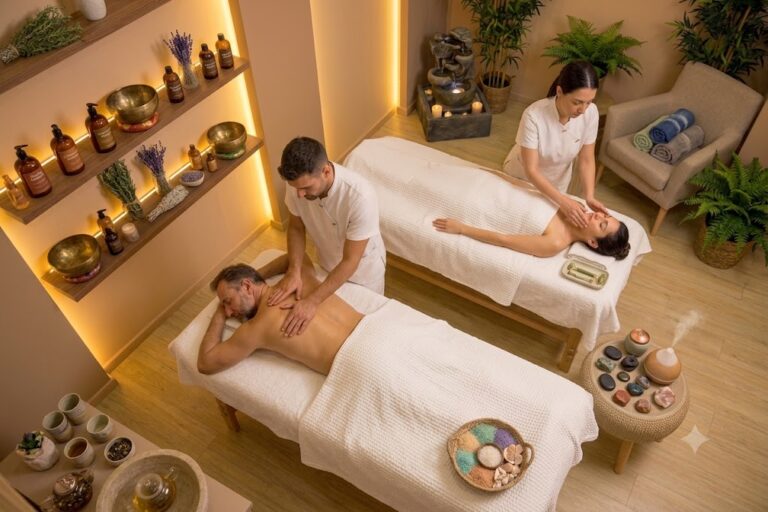 Two massage beds side by side in one suite, with a therapist at each bed and singing bowls on warm-lit shelves